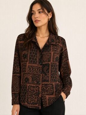 Coldwater Creek Women's Brown/Black Semi-Sheer Blouse, Velvet Paisley, Large P